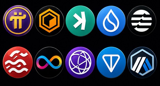 A collection of ten circular cryptocurrency project logos displayed in two rows of five, representing the digital assets featured in the post's list of potential emerging crypto winners, including Pi Network and Core DAO.