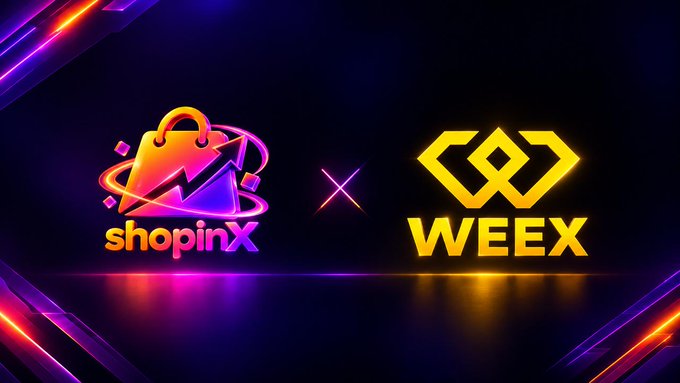 A neon-style banner announces a collaboration between ShopinX and WEEEX, with both logos illuminated against a dark background.