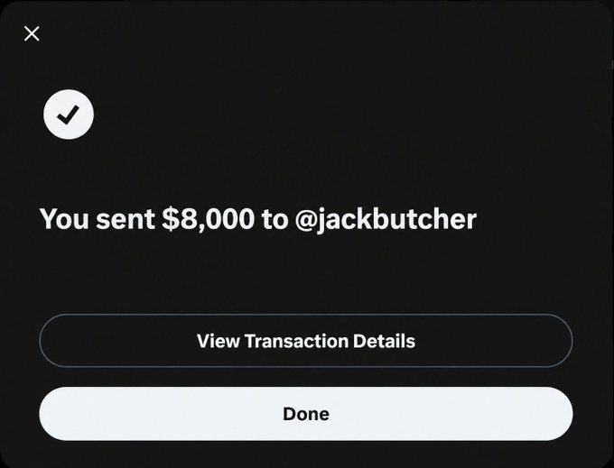 A digital transaction confirmation screen displaying 'You sent $8,000 to @jackbutcher' with a checkmark and a 'View Transaction Details' button.