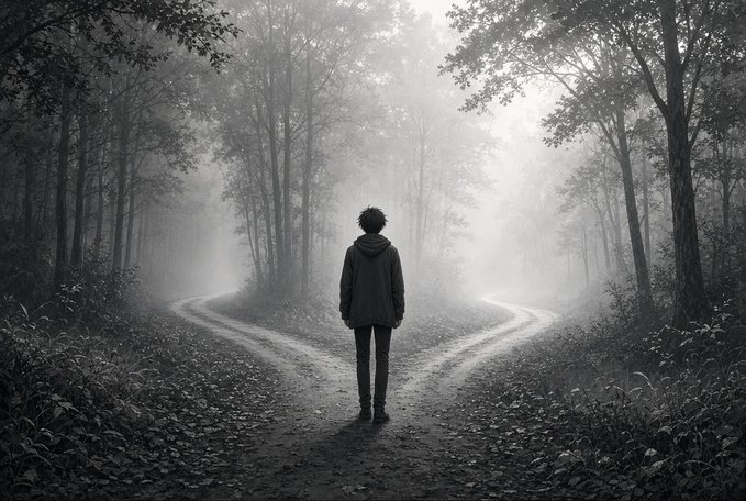 A black and white photograph shows a person standing at a fork in a foggy forest path, facing away from the camera toward two diverging trails.