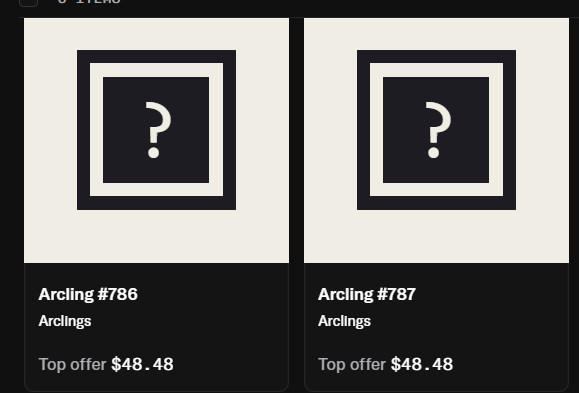The image displays two NFT listings, "Arcling #786" and "Arcling #787," from the "Arclings" collection, each with a top offer of $48.48 and placeholder question mark images indicating an unrevealed status. This aligns with the post announcing the minting of two Arclings NFTs while waiting for their reveal, showcasing them listed on a marketplace.