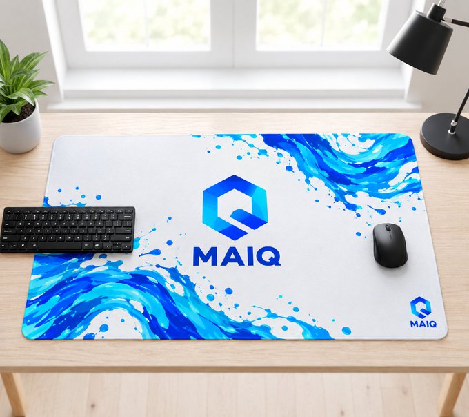 A product photo of a white and blue wave-patterned desk mat featuring the 'MAIQ' logo with a hexagonal symbol, displayed on a wooden desk with a keyboard, mouse, plant, and black lamp.