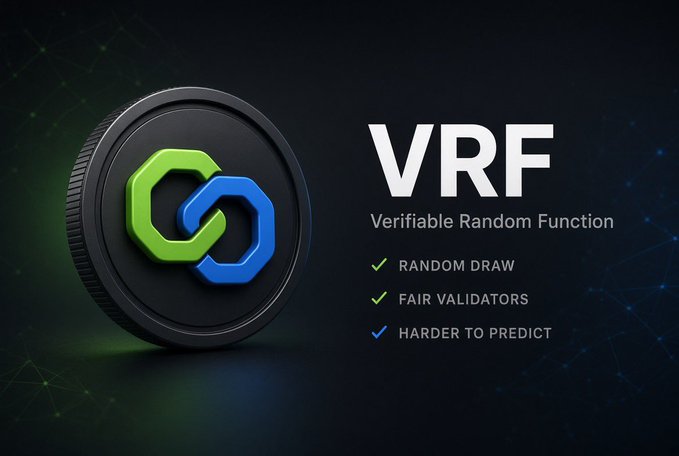 A graphic illustrating VRF (Verifiable Random Function) with a green and blue chain-link logo, listing features: Random Draw, Fair Validators, and Harder to Predict.