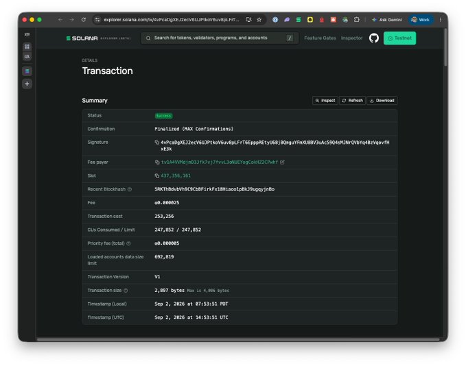A screenshot of Solana Explorer showing a finalized testnet transaction with the signature "4vPcaQbXEJ2ecVSUJPHxbvSdgFrT6EpppREtyU68jBQugyYpXii88V3uAc5904oNJNrOhYg48zVquvfYxE3k," a slot of 437,356,181, and Version V1, confirming the successful live deployment of v1 on testnet.