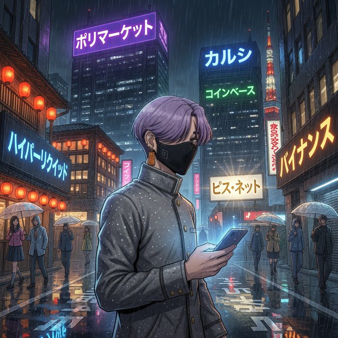 The image features a person wearing a face mask standing in front of a busy city street, holding up their phone with both hands as they look at it. The background includes neon signs for various businesses such as "PYTH" (Japanese), "Binance", and " Coinbase". The post also mentions the presence of people walking on the sidewalk and the word "HYPERLINKS" in the image, which could be a reference to social media platforms or online marketplaces.