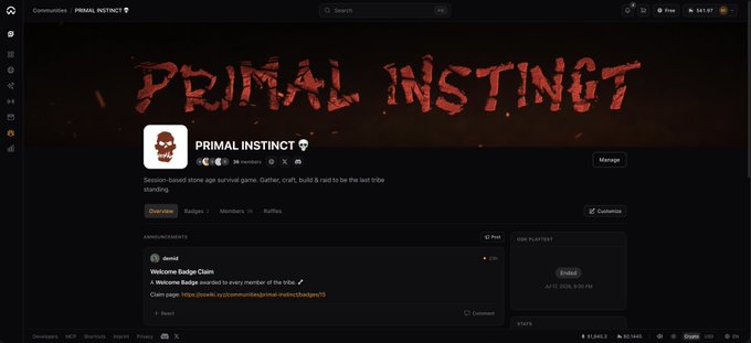 A Discord community page for "PRIMAL INSTINCT," described as a session-based stone age survival game on Solana, with 64 members and an announcements channel for badge claims.