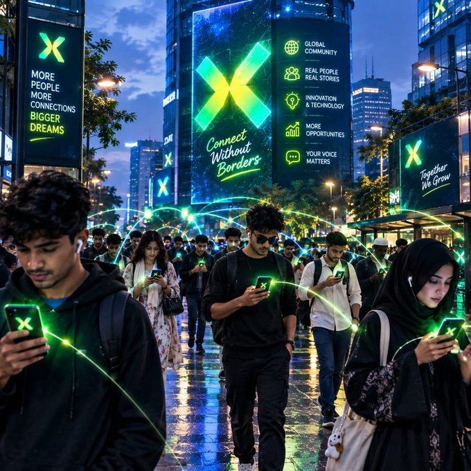 A futuristic city scene shows crowds of people using smartphones, surrounded by glowing billboards displaying 'X' logos and slogans like 'Connect Without Borders' and 'More People, More Connections, Bigger Dreams'.