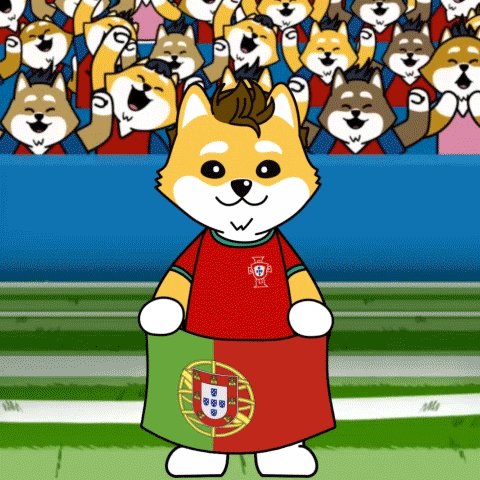 llorco, a cartoon character with brown and white fur, holds a green flag with the word "Portugal" on it while standing against a blue background.
