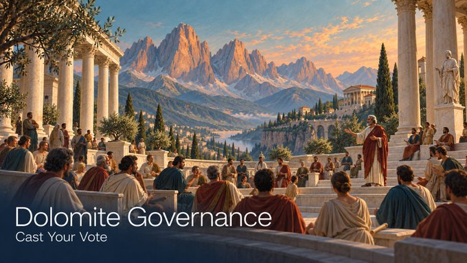 The image depicts a classical Greek-style assembly with robed figures gathered on marble steps amid grand columns, set against a breathtaking backdrop of the Dolomite mountains at sunset. The text overlay reads "Dolomite Governance - Cast Your Vote," visually evoking the democratic ideals of ancient agoras to underscore the DAO's active voting proposals for veDOLO holders. The juxtaposition of ancient civic engagement with the alpine landscape reinforces the post's call for community members to decide on DOLO liquidity deployment, chain migration, and expansion to Robinhood Chain.