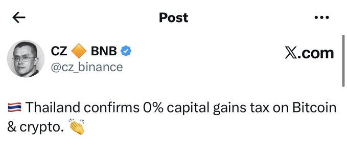 A screenshot of a social media post from CZ (CZ BNB) on X.com announcing 'Thailand confirms 0% capital gains tax on Bitcoin & crypto' with a clapping hands emoji.