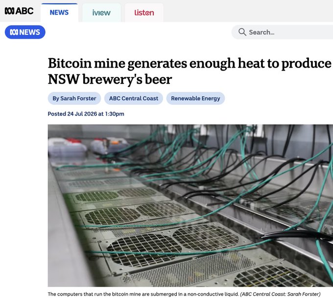 An ABC News article by Sarah Forster headlined "Bitcoin mine generates enough heat to produce NSW brewery's beer" displays submerged Bitcoin mining computers in a non-conductive liquid, with the story framing cryptocurrency mining's waste heat as a renewable energy solution for a NSW brewery.