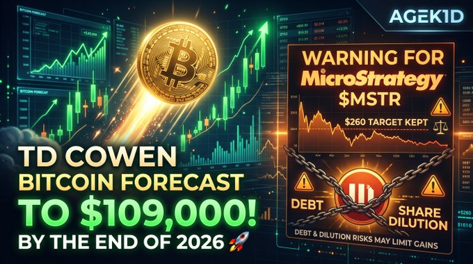 A digital graphic titled 'TD COWEN BITCOIN FORECAST TO $109,000! BY THE END OF 2026' features a rising Bitcoin chart, alongside a warning section about 'MicroStrategy $MSTR' with debt and share dilution risks.