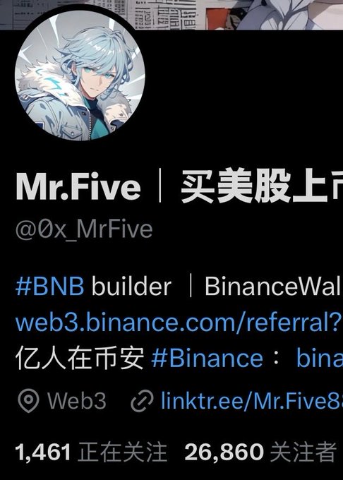 A Twitter profile for "Mr.Five" (@0x_MrFive), a #BNB builder, displays a follower count of 26,860 alongside 1,461 following, visually confirming the post's claim of being on the verge of hitting 27k followers.