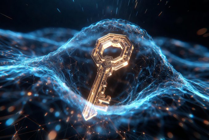 A digital artwork of a glowing golden key with circuit-like patterns floating above blue, energy-wave-like terrain against a dark background, symbolizing cryptographic security or access.