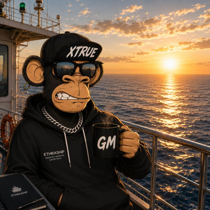 An NFT-style image of a Bored Ape character wearing a black cap reading 'XTRUE' and sunglasses, holding a mug labeled 'GM' on a ship deck at sunset.