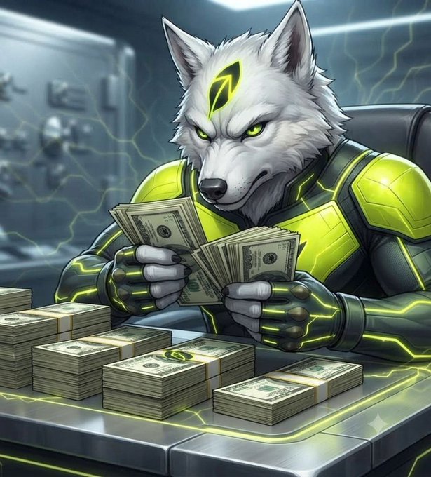 A digital illustration of an anthropomorphic white wolf character in green neon-lit armor, counting stacks of US dollar bills at a table piled with cash.