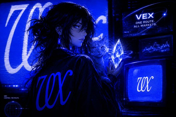 A neon blue digital illustration of a woman holding a glowing Ethereum logo, accompanied by a cat, surrounded by old TV screens displaying 'VEX' with the tagline 'ONE ROUTE. ALL MARKETS.'