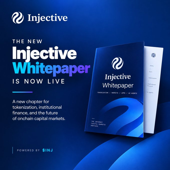 An Injective promotional graphic announcing 'THE NEW Injective Whitepaper IS NOW LIVE,' describing it as 'A new chapter for tokenization, institutional finance, and the future of onchain capital markets,' with 'POWERED BY $INJ' at the bottom.