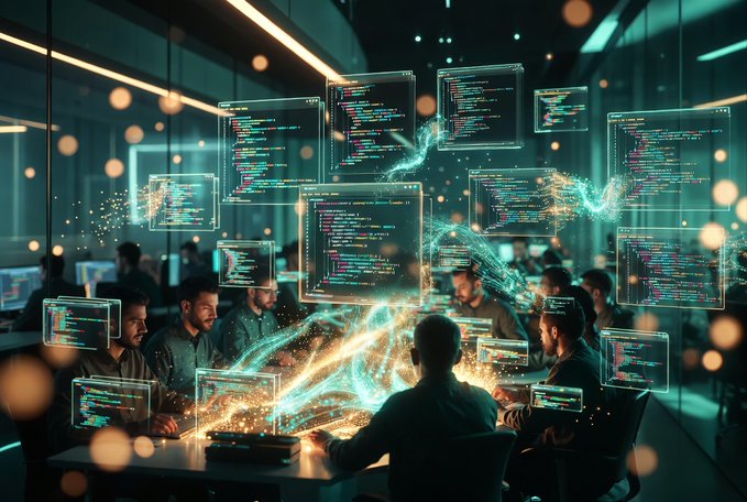 A team of developers collaborating in a modern office with multiple floating holographic screens displaying code, connected by glowing data streams.