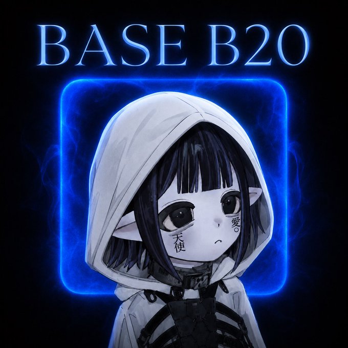 An anime-style hooded character with the Chinese characters 天使 (angel) and 愛 (love) on their face, set against a blue neon frame with the text 'BASE B20' above.