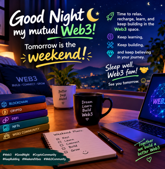 A colorful Web3-themed "Good Night my mutual Web3! Tomorrow is the weekend!" graphic with hashtags, Web3 terminology (BLOCKCHAIN, CRYPTO, DEFI, NFTS), and a cozy desk scene with coffee mug and laptop.