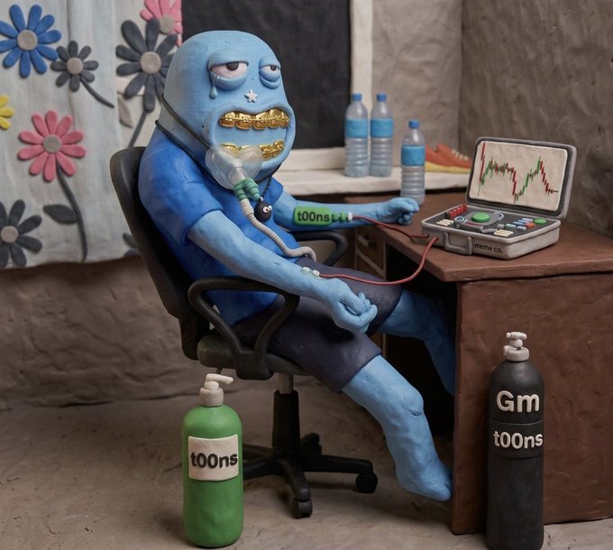 A clay sculpture of a sad blue figure with gold grills wearing an oxygen mask, sitting at a desk with a monitor showing a stock chart crash, surrounded by gas canisters labeled 't00ns' and 'Gm'.