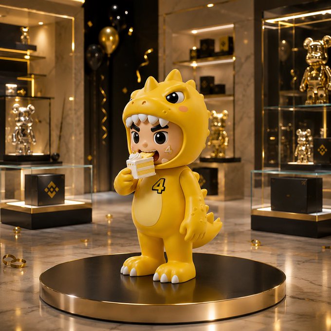 This image shows a yellow dinosaur-shaped mascot with the number "4" on its chest, enjoying a slice of cake as part of a Binance promotional contest. The accompanying post instructs viewers to find a hidden green candle within one of three images to participate.