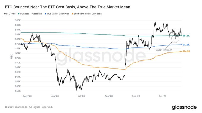 Glassnode chart titled “BTC Bounced Near The ETF Cost Basis, Above The True Market Mean” tracks BTC price against the US Spot ETF Cost Basis ($81.5K), True Market Mean Price ($72.6K), and Short-Term Holder Cost Basis ($72.8K) from May to October 2026. Bitcoin is shown testing the $81K ETF cost basis again, and a close below it could bring the mid-$70Ks back into play.
