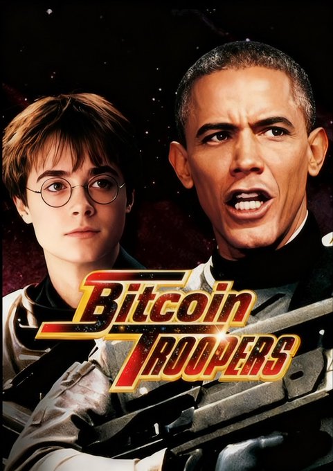 A movie poster parody titled 'Bitcoin Troopers' featuring faces of Harry Potter and Barack Obama superimposed on Stormtrooper-style characters.