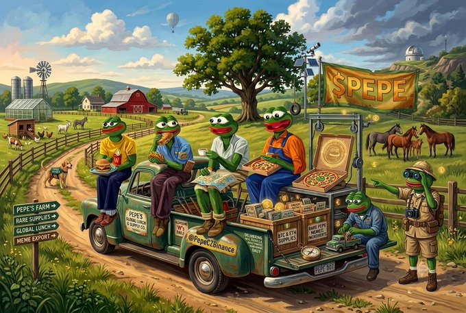 An illustrated farm scene titled 'SPEPE' features anthropomorphic Pepe the Frog characters riding a green truck filled with pizza and supplies, with signs reading 'PEPE'S FARM' and 'PEPE EXCHANGE'.