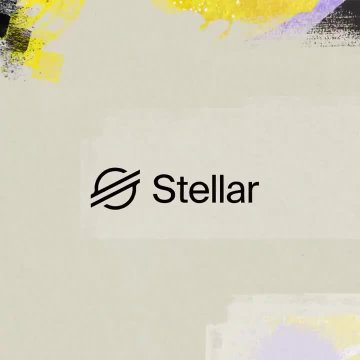 The image displays the Stellar logo prominently centered on a white background with artistic yellow and purple paint splatter accents along the borders. This branding visual aligns with the post announcing Stellar's activation of Protocol 28 on Testnet, featuring CAP-83 faster consensus improvements.