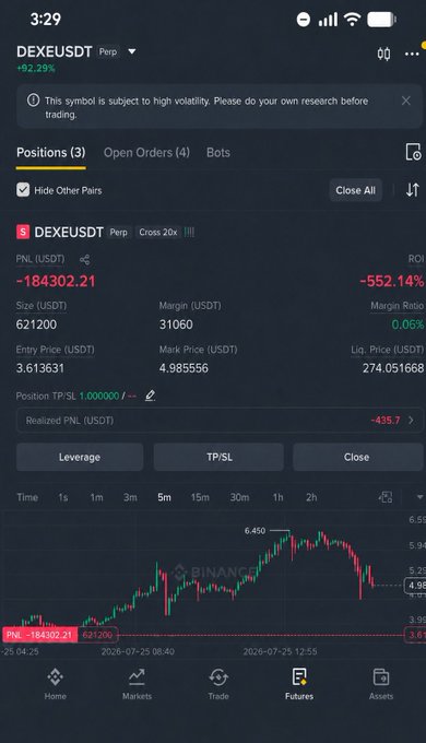 A screenshot of a Binance Futures trading app showing a $184,302.21 unrealized loss on a 20x leveraged long position in DEXE/USDT perpetual contract, currently trading at 3.613631 with a liquidation price of 274.051668 and a -552.14% ROI, visually confirming the poster's claim of being heavily stuck in the DEXE trade without liquidation risk.