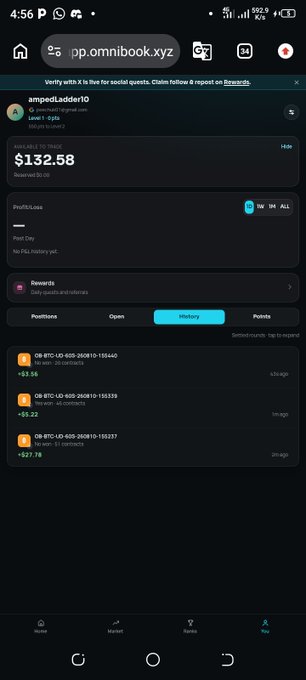 A mobile screenshot of the web app omnibook.xyz showing a crypto trading portfolio with an available balance of $132.58 USDT and a profit/loss history of BTC trades.