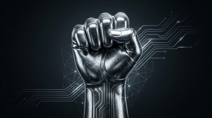 A metallic robotic fist is clenched in a dark, tech-themed setting with glowing circuit board lines extending from the wrist.