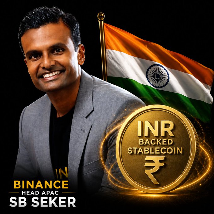 The image shows a smiling man in a gray blazer, identified by text at the bottom as "SB SEKER, BINANCE HEAD APAC," standing beside an Indian flag and a glowing gold coin labeled "INR BACKED STABLECOIN" with the Rupee symbol. The graphic visually reinforces the accompanying post's message about Binance's APAC head advocating for a Rupee-backed digital currency as an alternative to dollar-pegged stablecoins in India.