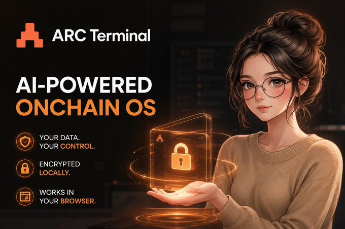 A promotional graphic for 'ARC Terminal' advertising an 'AI-POWERED ONCHAIN OS' with features 'YOUR DATA. YOUR CONTROL.', 'ENCRYPTED LOCALLY', and 'WORKS IN YOUR BROWSER', shown alongside an anime-style woman holding a glowing lock icon.