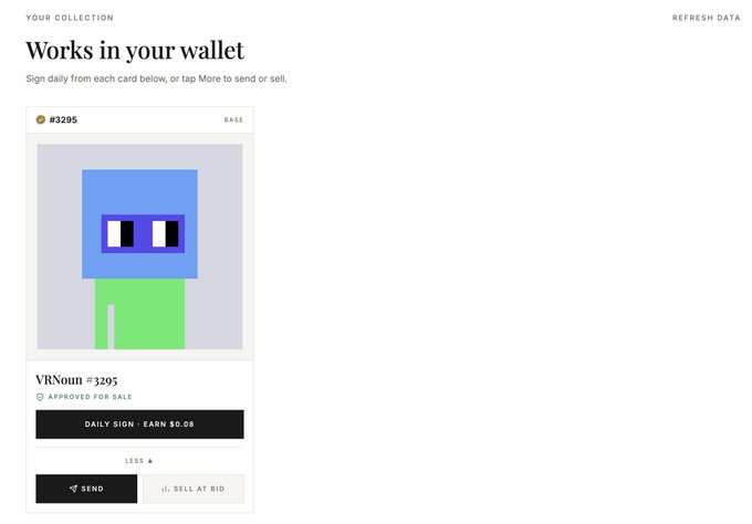 A digital wallet interface displays a single NFT titled "VRNoun #3295" featuring a pixelated character with a blue head and green body, showing a "DAILY SIGN - EARN $0.08" button with options to "SEND" or "SELL AT BID." The interface aligns with the accompanying update highlighting the new "sign daily" feature and the "Approved for Sale" badge beneath the NFT name.