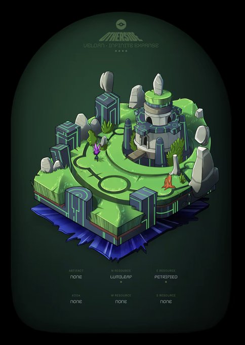 An isometric digital illustration of a green island environment with a central stone structure, surrounded by monoliths and featuring small colorful creatures, with on-screen text reading 'VELOAN: INFINITE EXPANSE', 'ARTIFACT none', 'N RESOURCE LUMILERB', 'E RESOURCE PETRIFIED', and 'KODA/W/RESOURCE none'.