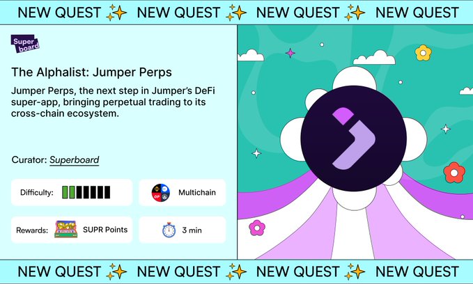 A Superboard quest card titled 'The Alphalist: Jumper Perps' describes Jumper Perps as the next step in Jumper's DeFi super-app for perpetual trading, marked as a multichain task.