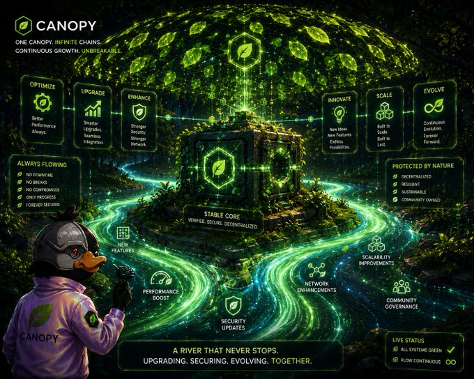A Canopy infographic showing 'ONE CANOPY, INFINITE CHAINS, CONTINUOUS GROWTH, UNBREAKABLE' with features like Optimize, Upgrade, Innovate, Scale, and Evolve arranged around a tree and river imagery.