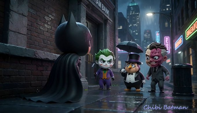 The image features a group of cartoon characters standing together under an umbrella, with one character wearing a cape. There are three main characters present - a batman figure, a joker, and a penguin. The background includes a city street scene with buildings and neon lights. A caption below the image reads: "Some things only start making sense with time: @XOOBNetwork The campaign ends tomorrow, Time for consistency @River4fun $RIVER may be sideways, but @RiverdotInc keeps building @TheARCTERMINAL Context builds up instead of starting from zero".