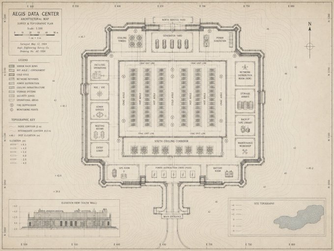 This is a detailed architectural and topographic plan of the "AEGIS DATA CENTER," labeled as "Survey & Topographic Plan" with a survey date of March 12, 2024, by "Axis Engineering Survey Co." The layout shows the main entrance at the bottom, surrounded by facilities including cooling towers, generator yard, power substation, hot/cold aisles for server racks, a central network distribution room (NDL), and areas like the "Vault Library" and "Maintenance Workshop," with an elevation view and site topography inset—evoking a "get ready" vibe for a covert, fortified tech facility.