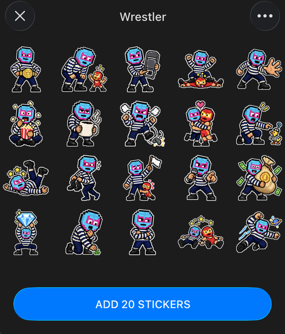 A digital sticker pack titled 'Wrestler' displays pixel-art characters in striped shirts, with an 'ADD 20 STICKERS' button at the bottom.