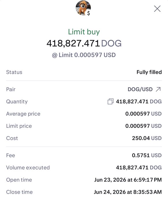 The image shows a screenshot of a cell phone screen displaying information about a purchase made for a dog. The buyer has just completed their order, and the total amount paid, which is $DOG, is displayed prominently at the bottom left corner of the screen. There are two pairs of numbers that appear to be related to currency exchange rates. These numbers may help determine how much the buyer was charged in their local currency for the purchase. The background of the image has a light brown color and features a text element related to deleting information from the post, which reads "Just bought more @krakenpro Cancel the noise and focus on the future!".