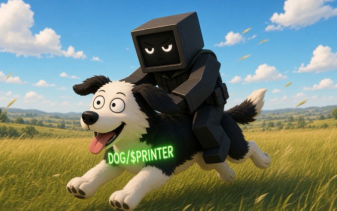 A cartoon black-and-white dog joyfully gallops through a sunny grassy field, carrying a grumpy, blocky TV-headed robot rider on its back, with the neon green text "DOG/$PRINTER" displayed on the dog's side—visually embodying the new "MEME/PRINTER" meme coin pairing on printer.fun as the post celebrates the launch of 1M PRINTER bonding curves.
