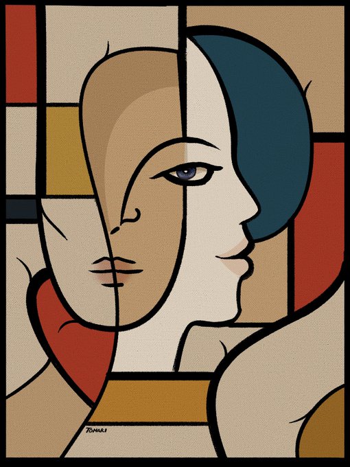 A stylized cubist-inspired painting featuring a double portrait of two overlapping faces, one frontal with a mustache and one in profile with dark hair, set against a geometric background of red, yellow, and blue blocks.