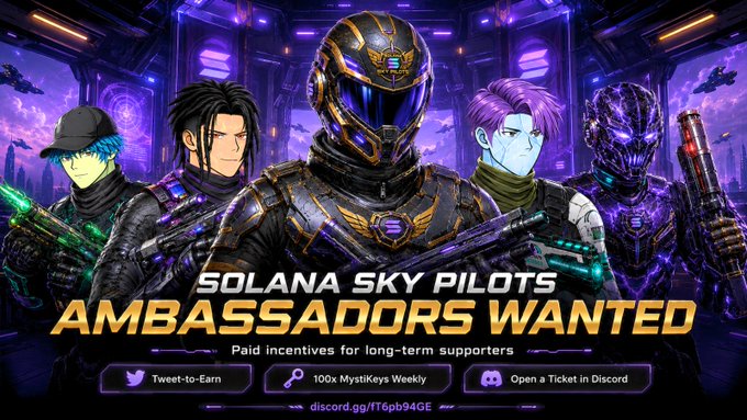 The image features a poster for a video game called "SOLANA SKY PILOTS" with four cartoon characters standing next to each other, all dressed up as pilots. The poster also includes text that reads "@solskypilots is looking for Ambassadors We are opening ambassador spots with paid incentives based on work, consistency, and contribution". This suggests that the game is seeking players who can promote the game through social media or other channels in exchange for rewards such as free in-game items or discounts.