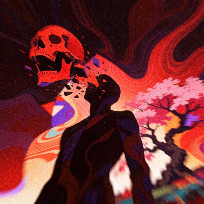 A stylized illustration of a silhouetted figure with a glowing red, shattered skull head set against a swirling red and purple background with a cherry blossom tree.