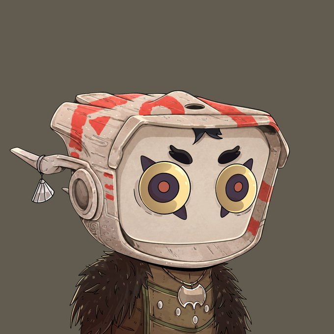 A cartoonish character with a TV-shaped head, wide yellow eyes, red markings, and a fur-collared outfit against a brown background.