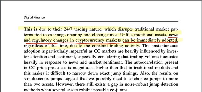 A highlighted excerpt from a Digital Finance paper explains that cryptocurrency markets' 24/7 trading nature causes news and regulatory changes to be immediately adopted regardless of time, with autocorrelation in price processes making it difficult to pinpoint exact jump timings—directly supporting the significance of round-the-clock trading.